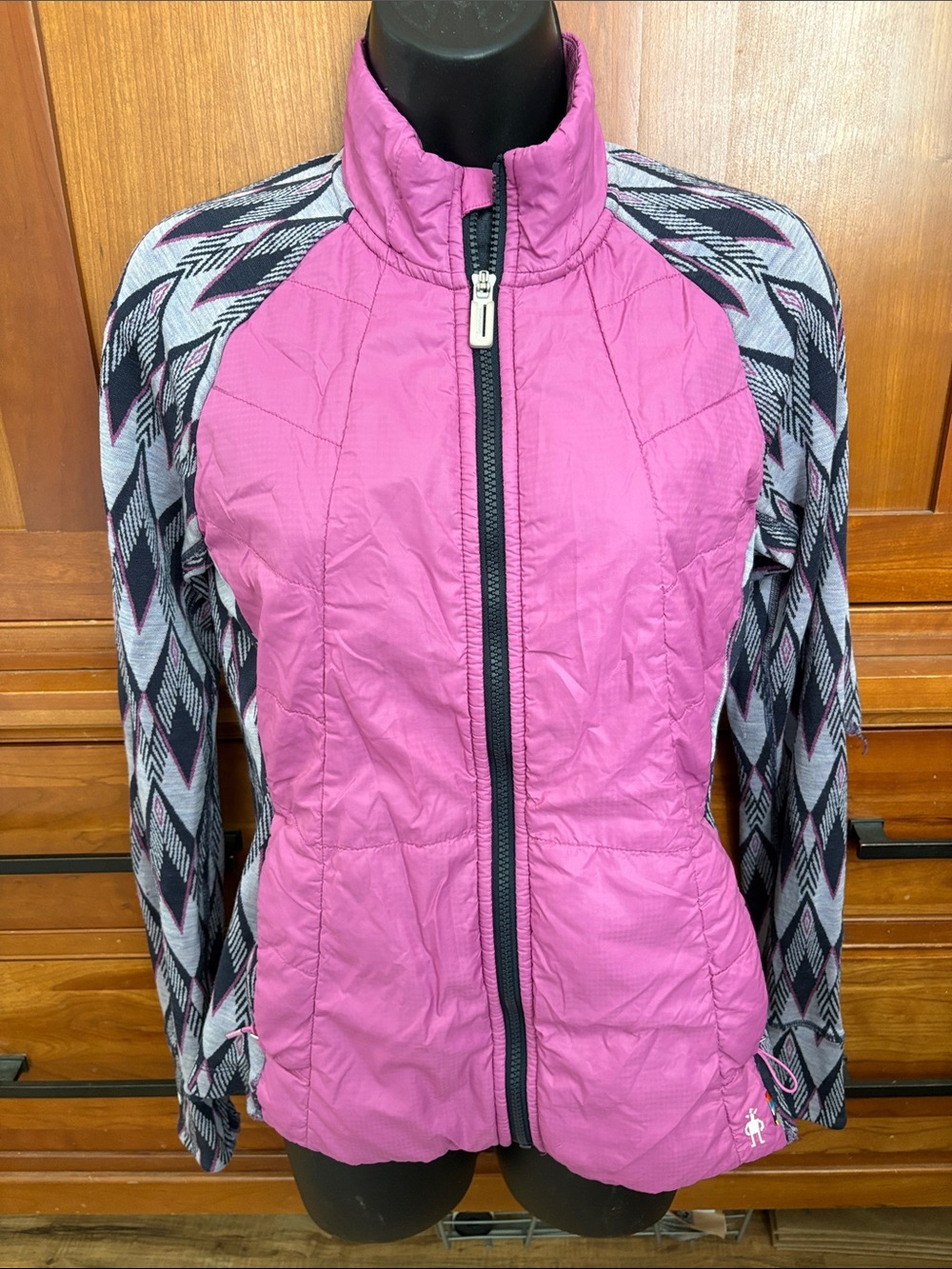 Smartwool Pink Quilted Puffer Jacket with Patterned Sleeves